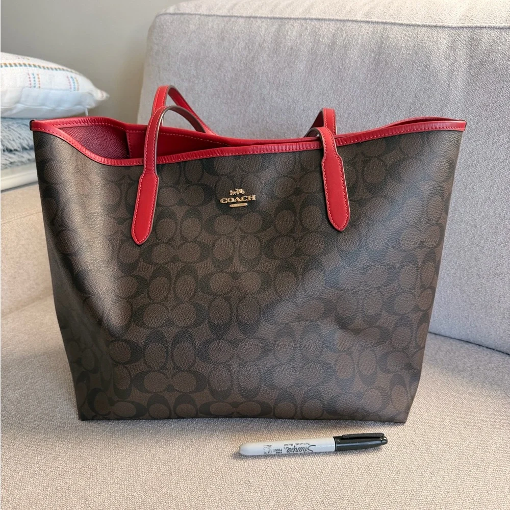 Coach Brown Signature Canvas Tote with Red Trim - Picture 2 of 10